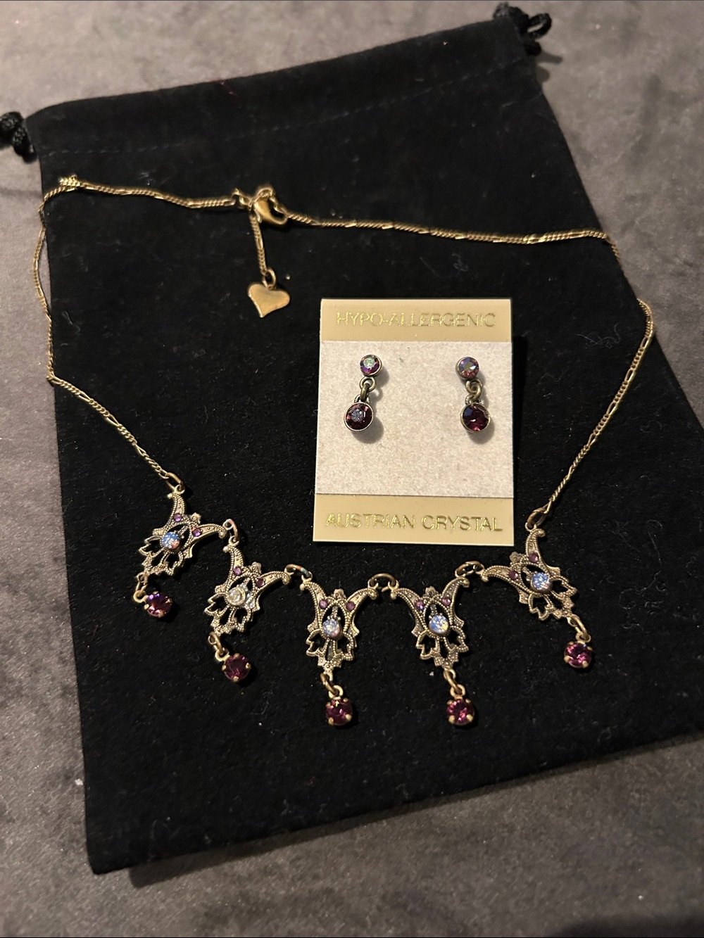 Gold-Tone Necklace & Earring Set with Purple Stones